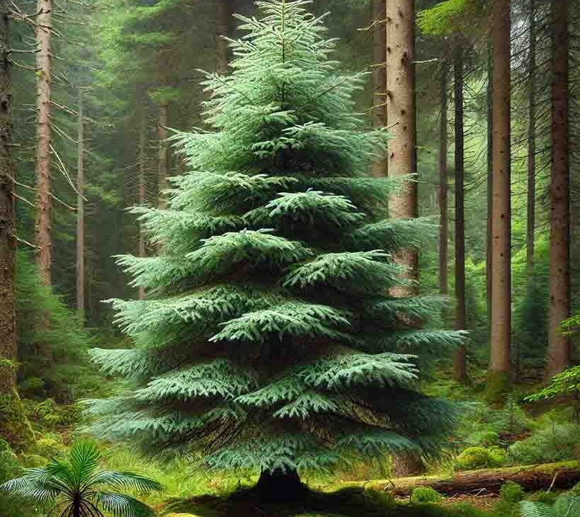 A tall hemlock tree standing in a forested area. The tree has needle-like foliage with dense, feathery branches extending outward. The bark is rough and textured, with a grayish-brown color. Surrounding the hemlock tree are other trees and undergrowth, including ferns and moss, creating a lush, green forest scene. The lighting is natural, suggesting a bright day in the forest with some sunlight filtering through the leaves.